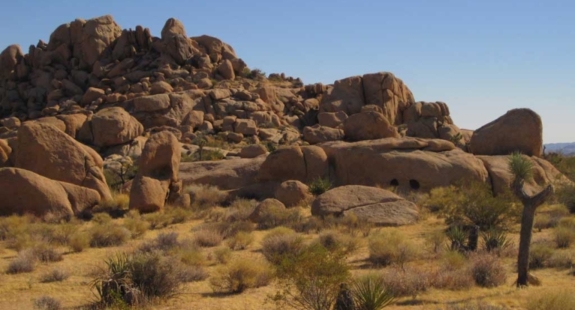 A large rock formation looms out of a desert landscape.